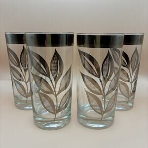 Set of 4 Utd Glass Silver Leaf Tumblers 5.5” Tall Hollywood Regency MCM Barware